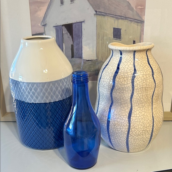 Other - Blue and ivory shelf Decor Three farmhouse vases Rustic table top decor Like New
